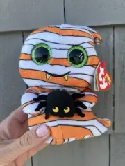 New Ty Beanie Boos orange white striped ghost plushie spider big eyes Halloween