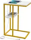 Yoobure C Shaped End Table with Charging Station, Small Side Marble White