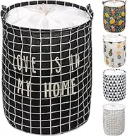 1Pc Freestanding Laundry Basket with Black Lattice Pattern, Foldable Large Drawstring Clothes Hamper Collapsible Fabric Bag with Leather Handle for Clothes Washing (15.7x19.6 Inch)