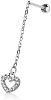 [Pierced Owl] 20GA 316L Stainless Steel Dangling Chain with CZ Crystal Heart Cartilage Barbell Stud, Metal, cubic zirconia