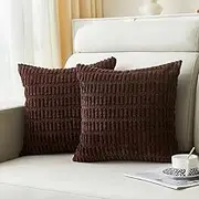 Sunday Praise 2 Packs Dark Brown Decorative Throw Pillow Covers 16x16 Inch Soft Corduroy Striped Boho Pillow Cases Square Cushion Covers for Couch Sofa Bed Farmhouse Home Décor