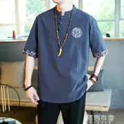 短袖唐裝 亞麻短袖男T恤中國風男裝棉麻刺繡上衣唐裝夏季新品寬鬆漢服