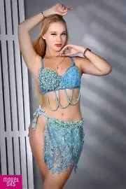 New Sexy Belly Dance Outfit Two Piece Dancing Set Beaded Bra &Mini Skirt Blue
