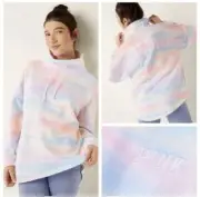 Vs Victorias Secret Pink Varsity Cowl Sweater Jacket Top White Rainbow L