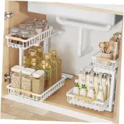 2 Tiers Under Sink Organizers, 2 Pack Metal Kitchen Storage Shelf, Pull White