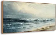 DJSYLIFE Vintage Coastal Beach Wall Art, Framed Canvas Art for Living Room Large Artwork Rockaway Beach Seascape Painting Prints Nature Ocean Waves Pictures Bedroom Above Bed Wall Decor 20"x40"