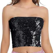 [Generic] Women's Sequin Tube Top Stretchy Sleeveless Crop Tops Metallic Sparkly Tube Tops for Halloween Party Clubwear