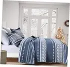 Boho Quilt Set 100% Cotton Navy Blue Bohemian Bedspread Size Queen Navy White