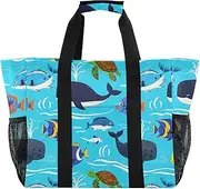 [sanluoli] Totes Collapsable Beach Bag With Pockets Canvas Laundry Totes, Ocean Whale Turtle Fish Blue Sea, 1 size