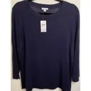 NEW J JILL Women Linen Blend Top Sweater Navy Blue Long Sleeve Size Large