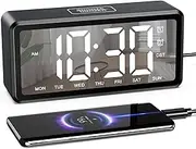 AMIR Wooden Alarm Clock Bedside, Digital Alarm Clock with Large LED Display, 12/24H, DST, Date, Snooze, Dual Alarm, Adjustable Volume & Brightness, USB Port Desk Clock for Bedroom, Office, Wood Decor