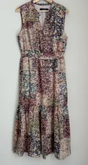 PORTMANS 14 Brown Pink Floral Patchwork Chiffon Shirred Sleeveless Dress NWT