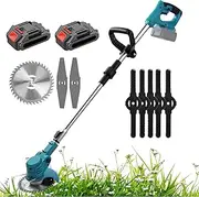 Cordless Strimmer 1800W, Lightweight Grass Trimmer,Foldable Design, Retractable Handle, 2 * 3000Mah Battery, Plastic Blade*5, Spare Blade, Alloy Saw Blade, for Garden, Outdoor