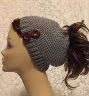 Women Winter Beanie Ski Gray Color Ponytail Stretchy Messy Bun Hat Ears Cover