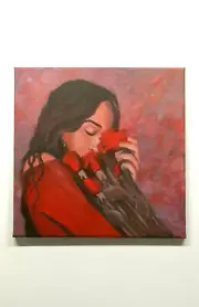 Hand painted acrylic painting on stretched square canvas, girl with rose bouquet