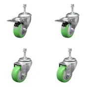 3 Inch SS Green Polyurethane 3/8 Inch Threaded Stem Caster Set 2 Total Lck Brake