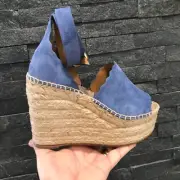 NIB Chloe Cobalt Suede Lauren Espadrille Platform Wedge Sandals Sz 42