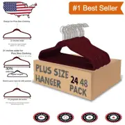 Burgundy Velvet Hangers for Plus Size Clothing, 24-Pack with 360° Swivel Hook