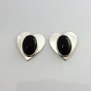 One of Kind Handmade Navajo Sterling Silver Black Onyx Heart Post Earrings