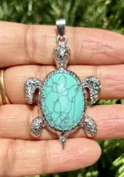 Oxidized Silver Hindu Religious TURTLE TORTOISE Pendant Locket, Turquoise