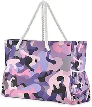 [Yoogain] Women Sandproof Travel Bag with Side Pockets Camo Purple Pink Tote Bag with Cup Holder on the Side,Purple and Pink Camo,1 Size, Purple and Pink Camouflage, One size