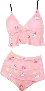 [haikyuu] Women Pink Flounce V Neck Two Piece Swimsuit High Waisted Bikini Set Ruffle Tummy Control Bathing Suit Swimwear