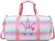 Duffle Bag Girls Teens Kids Sports Gym Bag with Shoe and Wet Clothes Compartments, Dance Swimming Sleepover Overnight Weekender Travel Bag, 01-Rainbow Unicorn