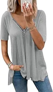[ABYOVRT] Women's V-Neck Short Sleeve Blouse Plain Shirt Zip Casual Loose Cotton Tunic Tops Long Shirt T-Shirt S-XXL
