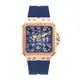 GUESS原廠平輸手錶 | 三眼日期顯示 方形錶 鏤空錶盤 玫瑰金x藍 矽膠錶帶 GW0637G3