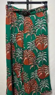 Nicole Miller Medium Linen Pants Green Orange Tropical Wide Leg Elastic New NWT