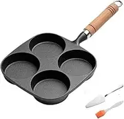 YAOYAOLING Cooker Omelet Pan,4-Cup Egg Frying Pan,Cast Iron Egg Cooker Pan,Four hole egg dumpling pot with flat bottom，Gas Stove & Induction Compatible Wooden Helper Handle