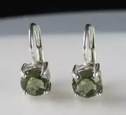 Faceted Moldavite 6mm Round Cut Leverback Sterling Silver Earrings with COA