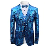 Allthemen Mens Luxury Paisley Suit Jacket Gold Shiny Slim Fit Button Down Blazer Blue L