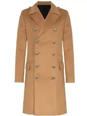 Balmain - Slim-Fit Double-Breasted Faux Suede Coat Camel Trench Peacoat Size 52