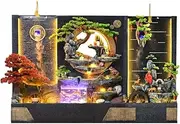Modern Zen-Inspired Water Fountain with Multi-Level Waterfalls and LED Lighting, Standing Feature for Indoor and Outdoor Use, Includes Bonsai and Artistic Details (1899 Fish