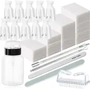 Nail Polish Gel Remover Tools Kit Soak Off Cap Clip 200ml Dispenser Bottle UV Gel Polish Cuticle Pusher 600 PCS Cotton Pads Handle Brushes 100/180 Nail File Buffer Block Finger Separators(White-Set)