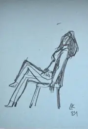 Original Line Art Seated Woman Casual Pose Expressing Calm Elegance Black Ink