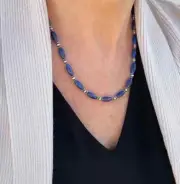 Royal Blue Lapis Lazuli 6x11mm Bead Navajo Pearls Silver Gemstone Necklace