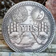 OUIJA Oracle YES/NO Gothic Antique Silver Plated Decision Coin and Display Stand
