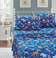 Better Home Style Playing Puppy Blue Kids/Boys/Toddler 4 Piece Sheet Set with Woof Woof Wagging Dogs Pups and Puppies Includes Pillowcases Flat and Fitted Sheets # Blue Dog (Full)