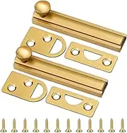2 Pcs 3 Inch Solid Brass Surface Bolt, 90/180 Degree Concealed Slide Bolt Latch Lock, Anti-Theft Door Slide Bolt for Small Cabinet Doors (Gold)
