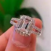 3 TCW Emerald-Cut Moissanite Halo Women's Engagement Ring 14K White Gold Plated