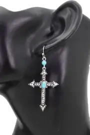 Women Silver Metal Pointy Cross Earrings Turquoise Blue Beads Fashion Jewelry
