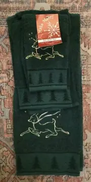 3 pc Embroidered Bath Set Green W/Gold Reindeer Bath & Hand & Fingertip Towels