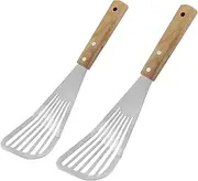 2 Pack Durable Fish Turner Spatula, Lightweight Slotted Turner Wooden handle Sloped Head Design, Metal Spatula for Flipping Foods/Kitchen Cooking