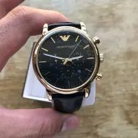 在飛比找蝦皮購物優惠-全新 EMPORIO ARMANI 黑色皮錶帶 金錶 金框