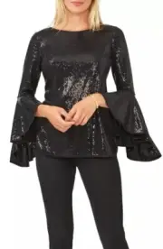 Vince Camuto Women's Sparkle Bell Sleeve Top, Black XS