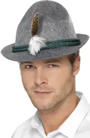 Oktoberfest Grey Mens Costume Hat with Feather