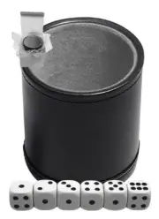 Black PU Leather Grey Felt Lined Dice Cup + (6) 16mm White Pip Dice Gift Boxed