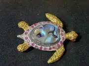 Natural Ruby Abalone Inlay Turtle 925 Sterling Silver Brooch & Pendant 1167